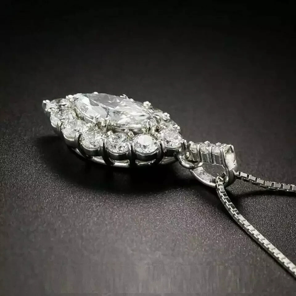 3 Carat Marquise Cut VVS1 Diamond Halo Pendant 14K White Gold Finish