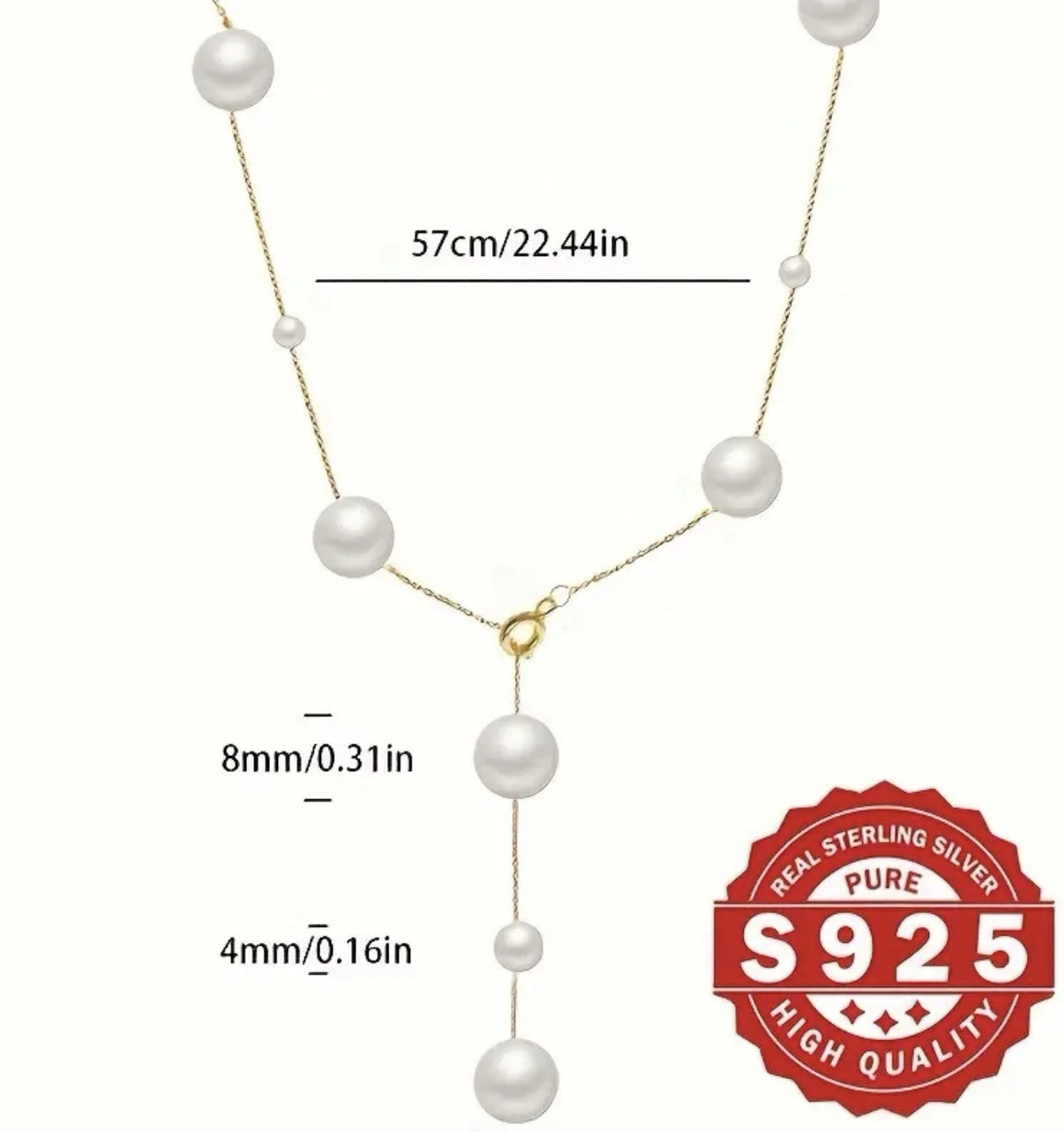 S925 Sterling 18k Gold Plated Chain Pearl Bead Necklace Adjustable K-pop Women