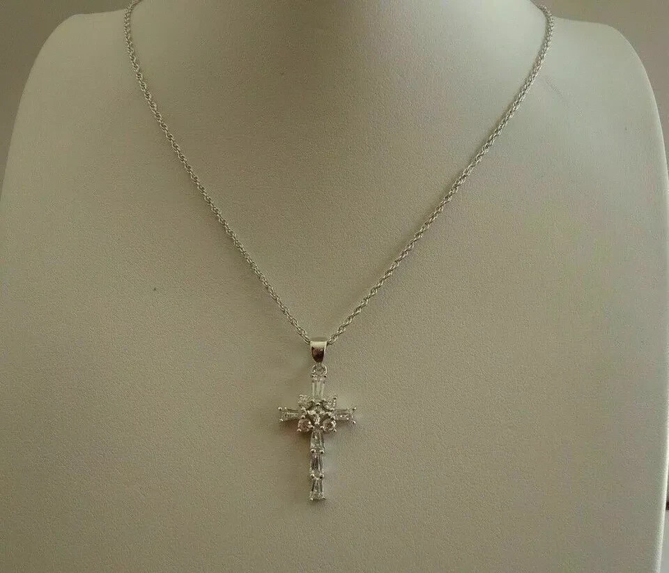 1.30Ct Baguette Cut Diamond Cross Pendant 14K White Gold Finish With 18″Chain
