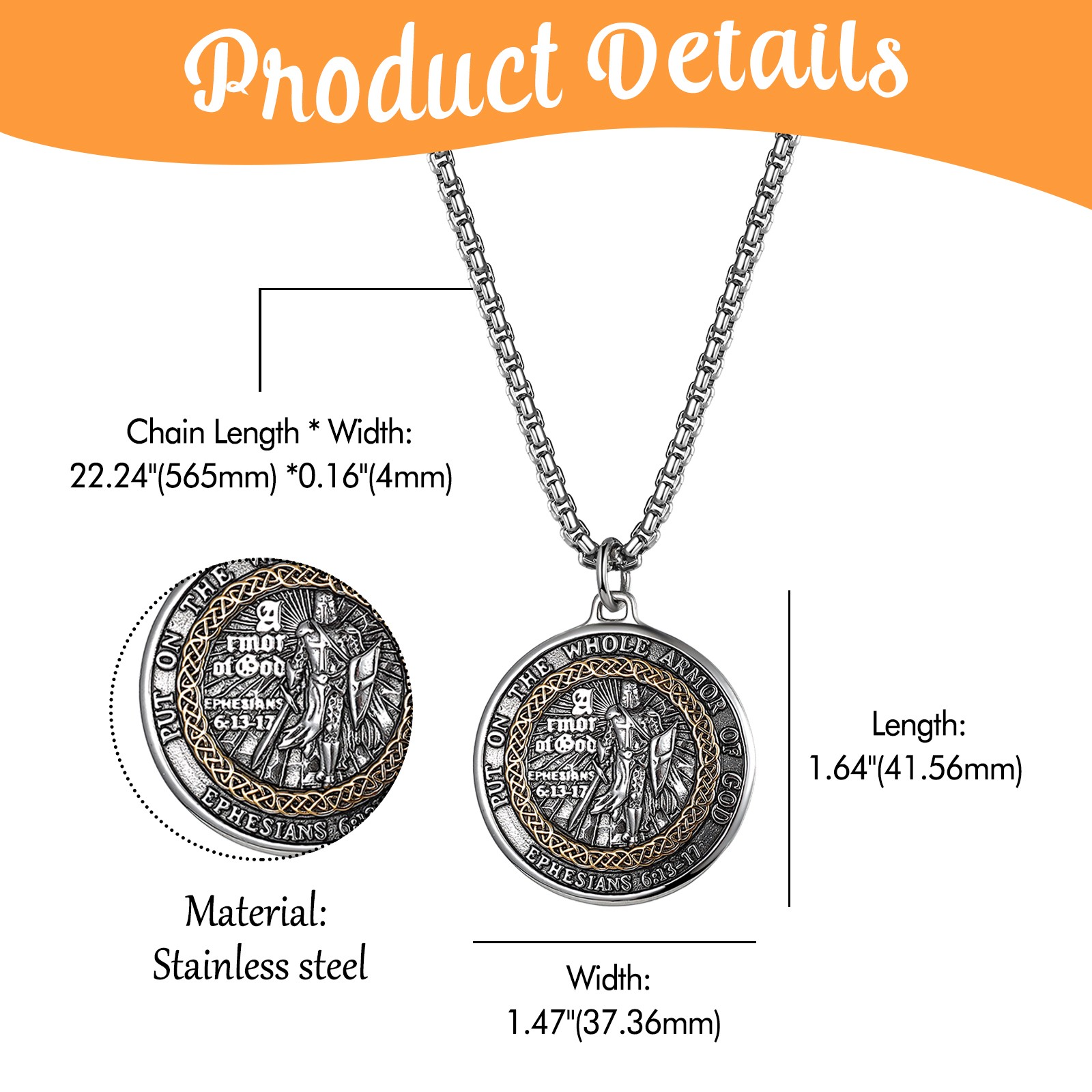 Men Armor of God Pendant Necklace Ephesians 6 Bible Verse Christian Prayer Gift
