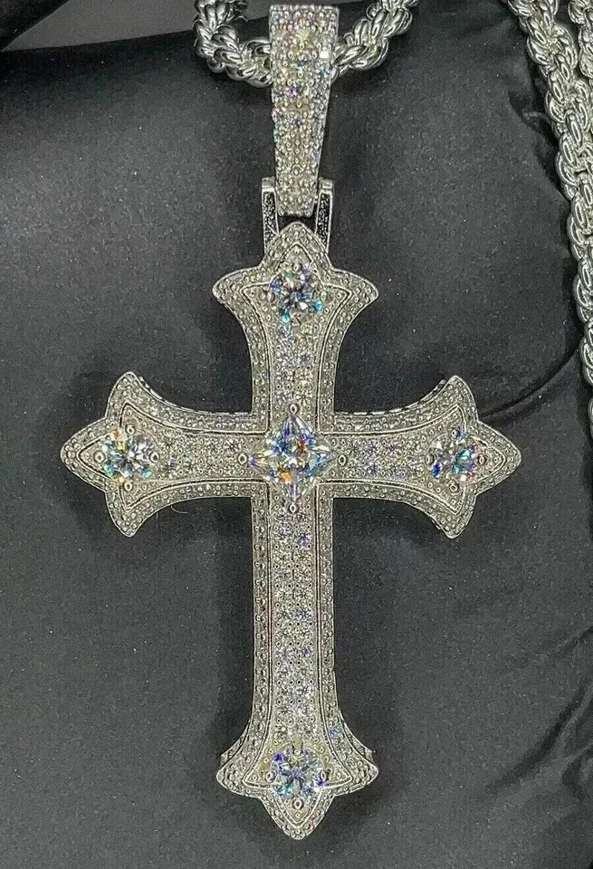 3Ct Round Cut Real Moissanite Cross Men’s Charm Pendant 14K White Gold plated