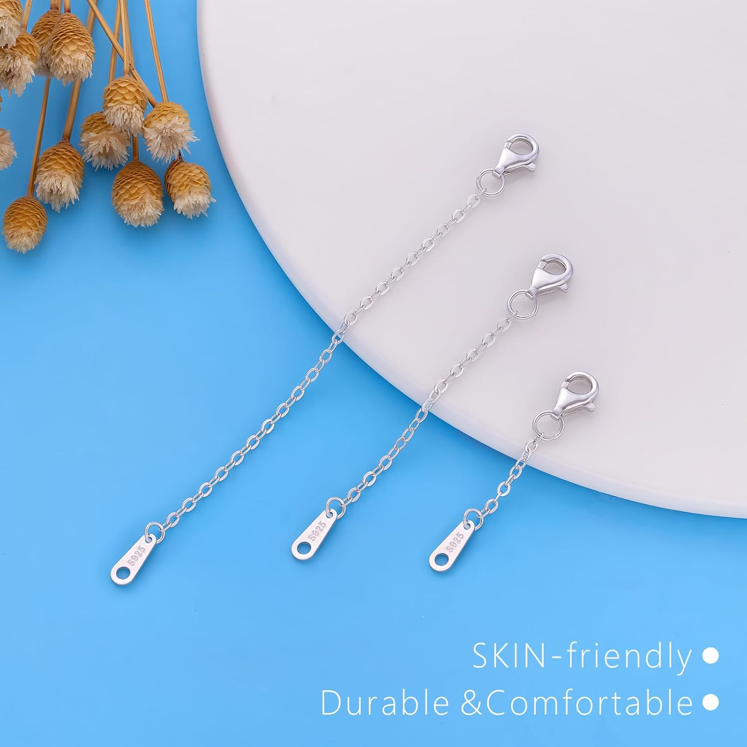 Sterling Silver Necklace Extenders for Women Silver Cha 3 Piece Set (1,2,3 Inch)