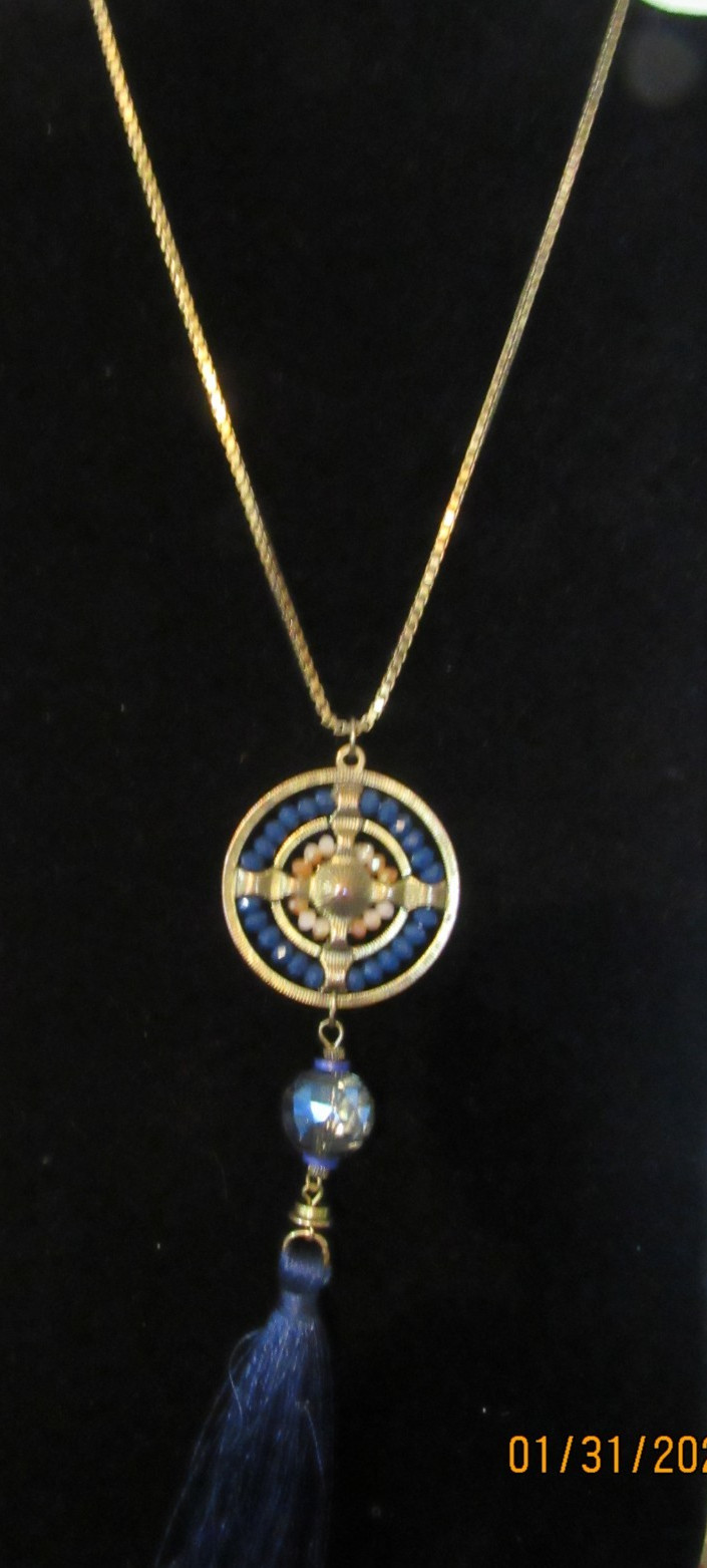 925 HCT ITALY GOLD TONE CHAIN WITH FILIGREE PENDANT W/ BEADS TASSLE 24″