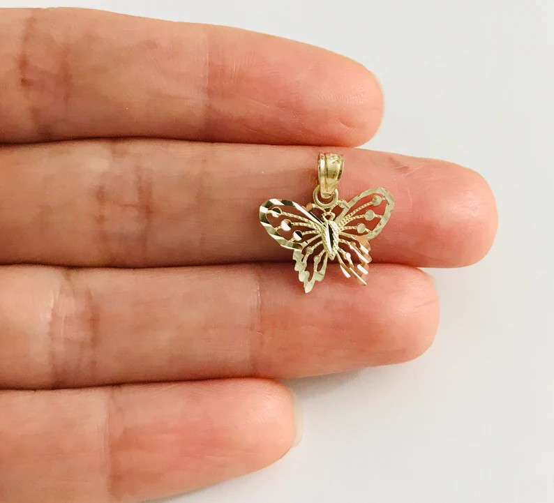 14k Solid Gold Diamond Cut Butterfly Charm Small 16mm Pendant – PT1749