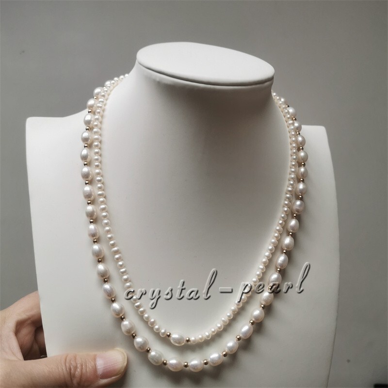 Double strands natural AAA white pearl necklace 17″ 19“ 14K GOLD CLASP