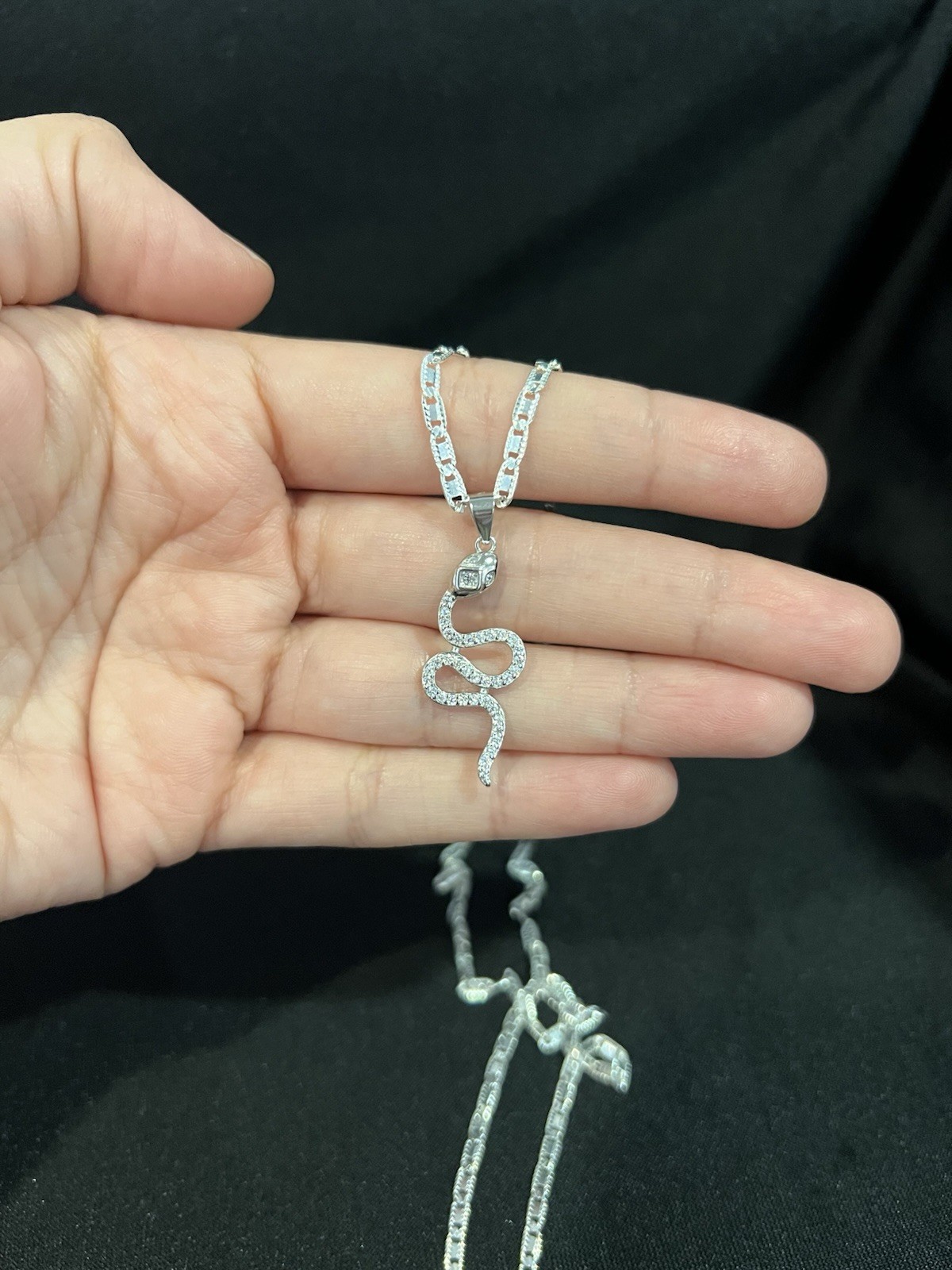 925 Sterling Silver Women Men Cobra Snake Serpent CZ & Valentino Chain