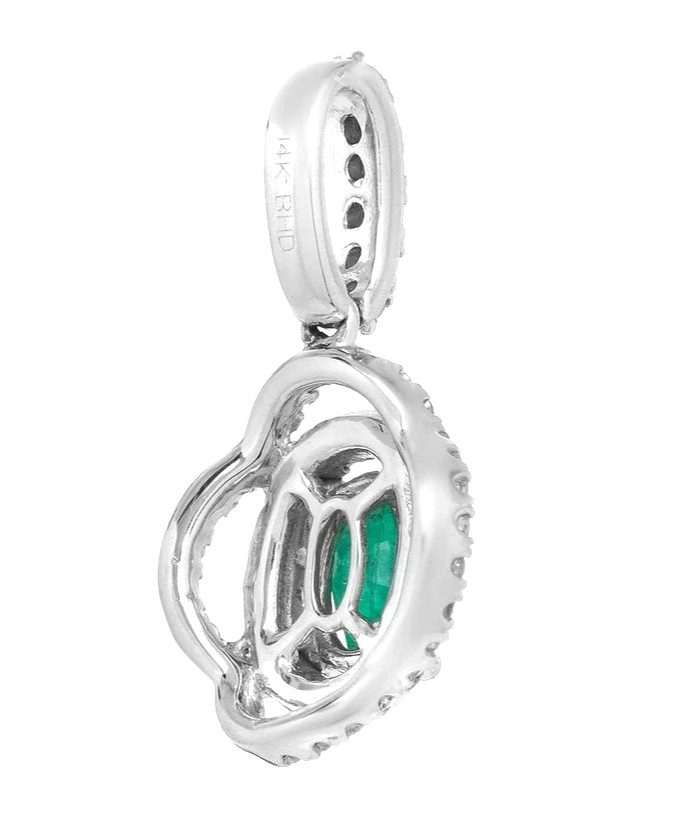 0.78 Ctw Natural Green Emerald & Diamonds Halo Pendant Jewelry In 14k White Gold