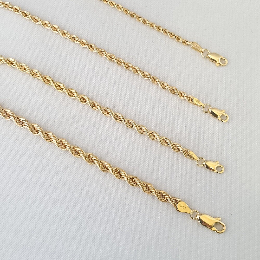 HOLLOW 10K Yellow Gold Men’s Women 2.2mm-3.8mm ROPE Chain Necklaces, 16″-30″