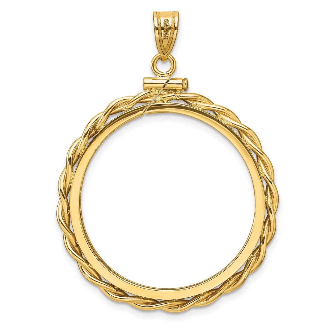 14k Gold Polished Twisted Wire Diamond-cut 27.5mm x 2.1mm Screw Top Coin Bezel