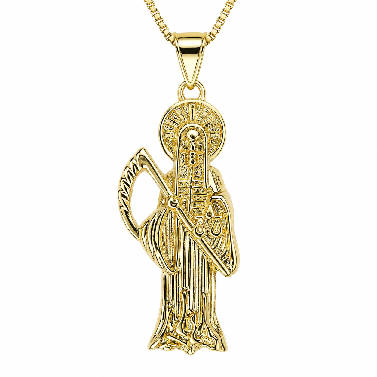 Italian 1/200 14k Yellow Gold Oro Santa Muerte Pendant Colgante Hombres Mujeres