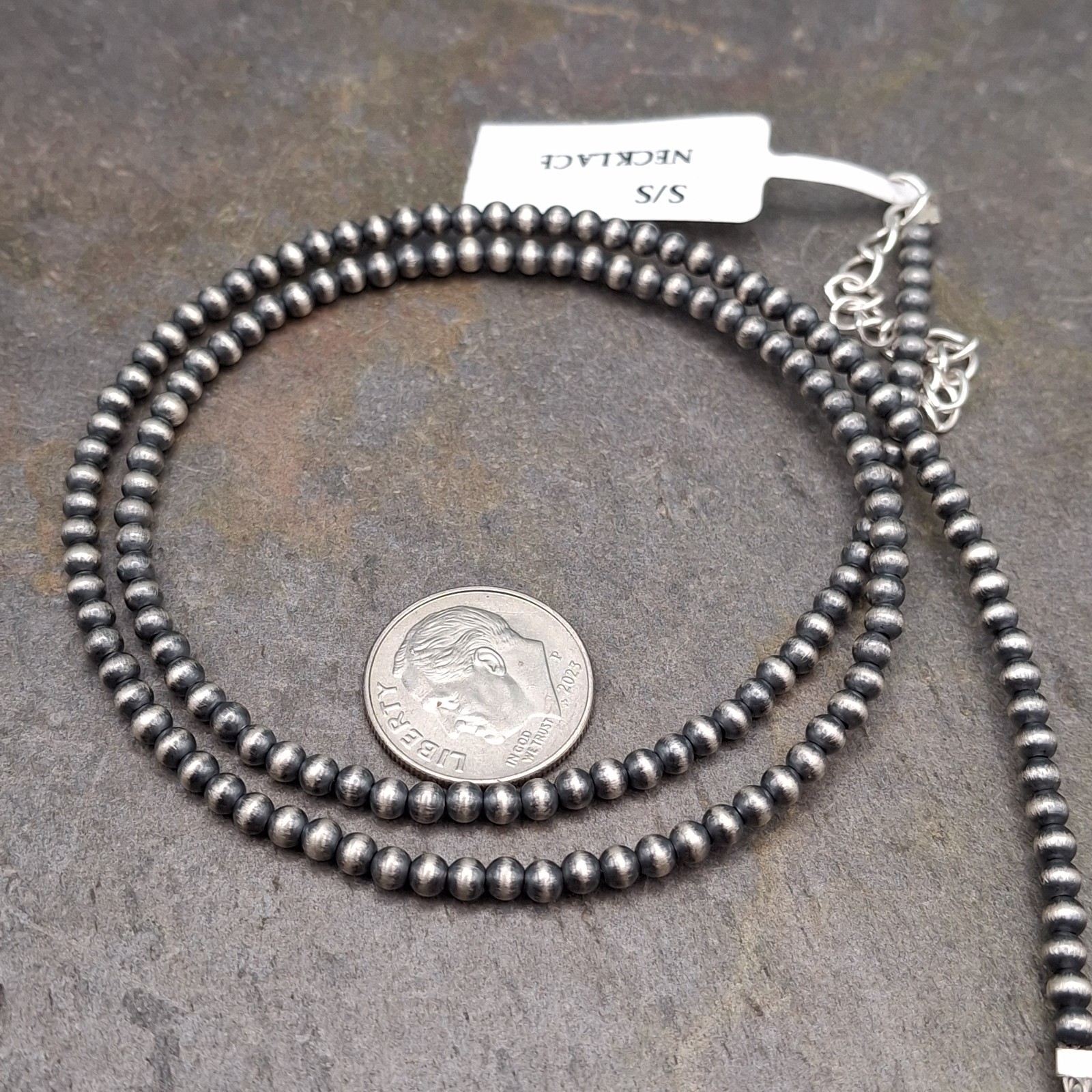 3mm Sterling Silver Navajo/Desert Pearl Necklace 18-20″ USA Made Hand Strung