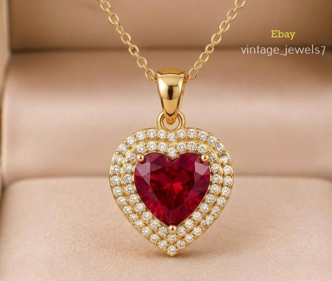 14K Yellow Gold Finish 2CT Heart Cut Genuine Real Ruby Pendant Double Halo