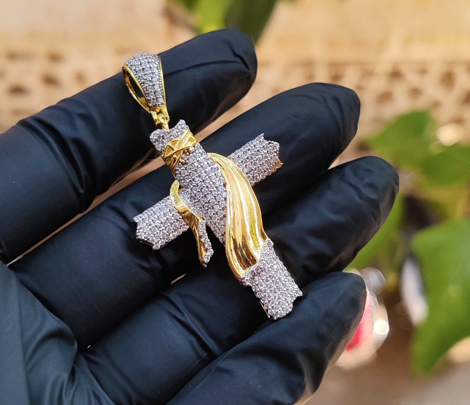 2Ct Round Cut Lab Created Diamond Jesus Cross Pendant 14K Yellow Gold Plated