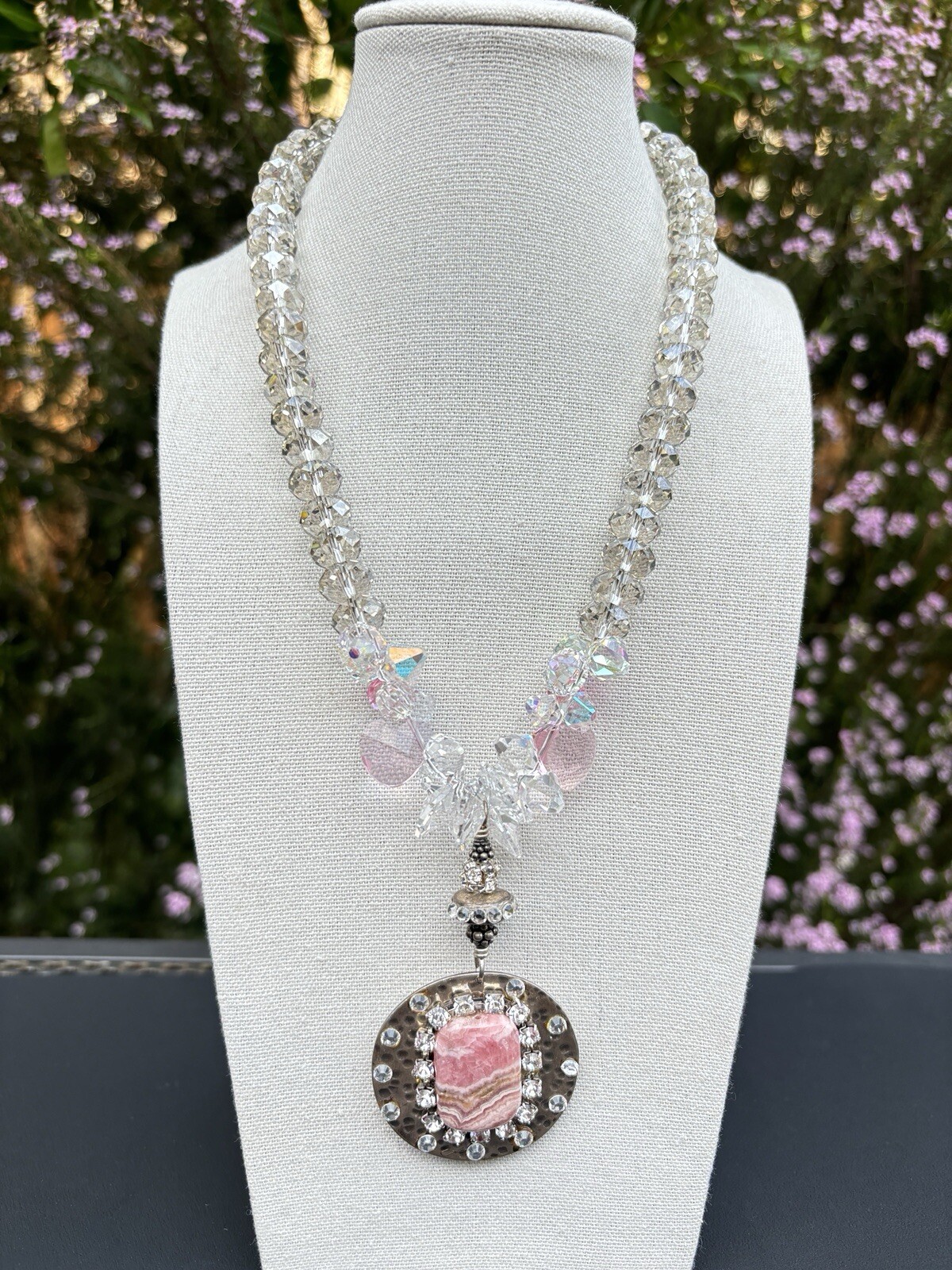 925 Sterling 18.25″ Crystal Glass Beaded Necklace w Rhodochrosite 142.09g