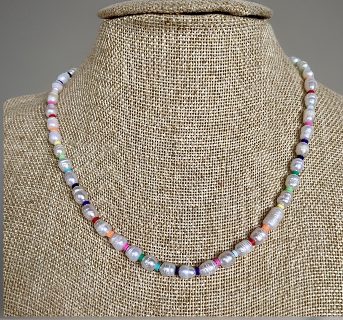 Adjustable Freshwater Baroque Pearl Necklace, Multi-Color Spacers 16″ – 18-1/4″