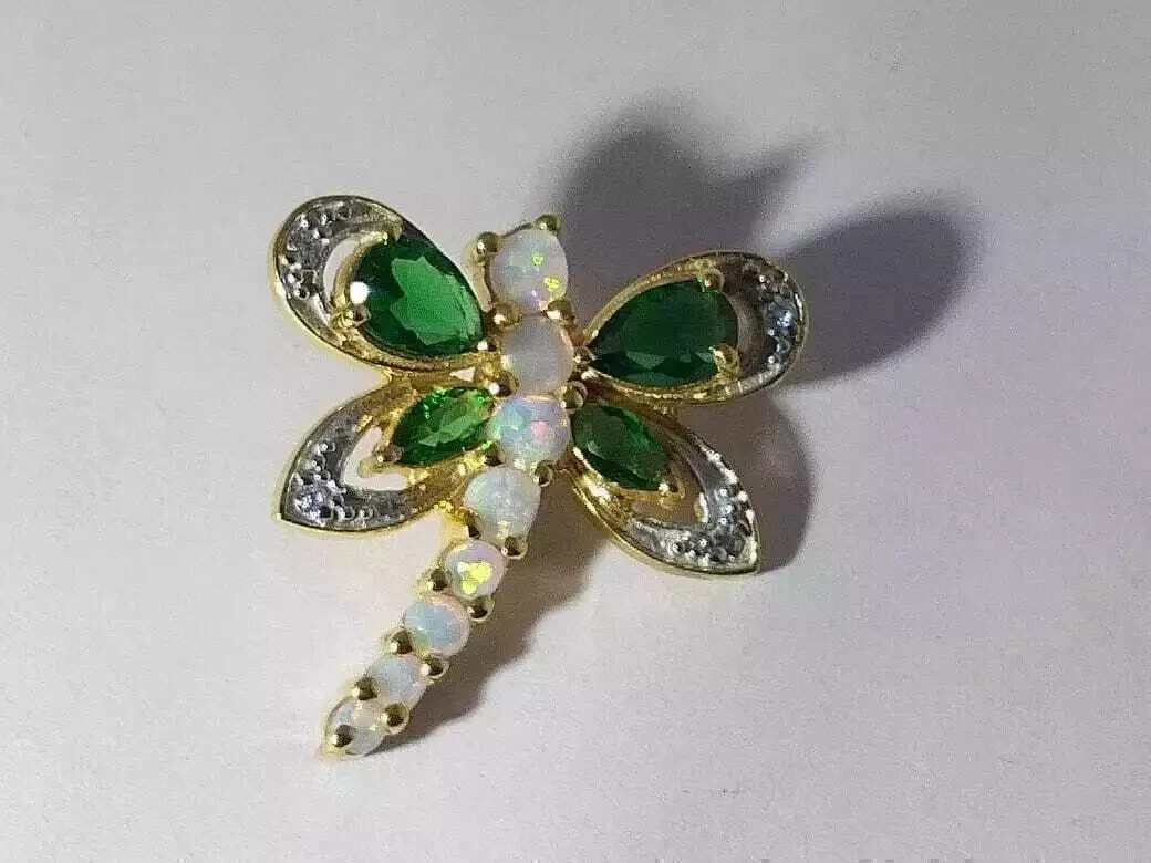 2Ct Round Cut Fire Opal Dragonfly Pendant 14K Yellow Gold Over