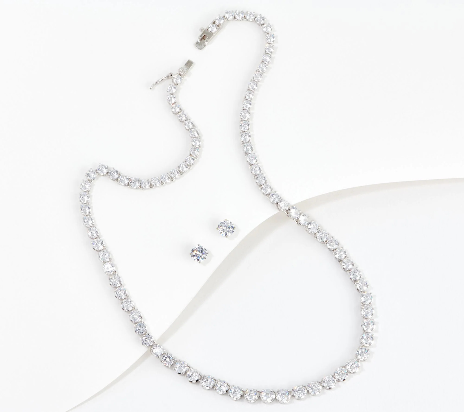 Diamonique Sterling Silver Tennis Necklace & Studs, 16″