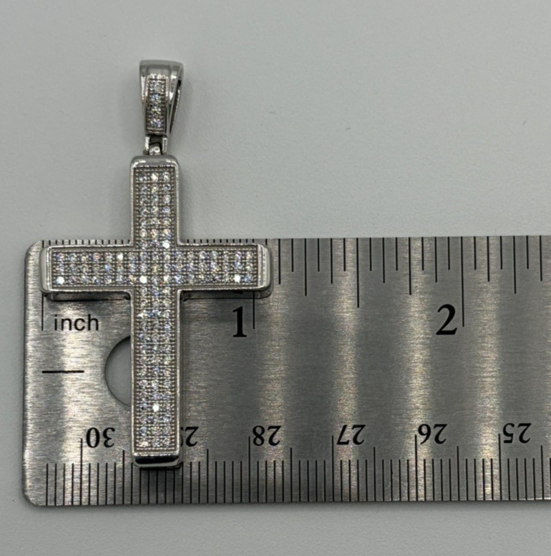 925 Sterling Silver Religious Cross Pendant Round CZ 1.95″ 9.42g