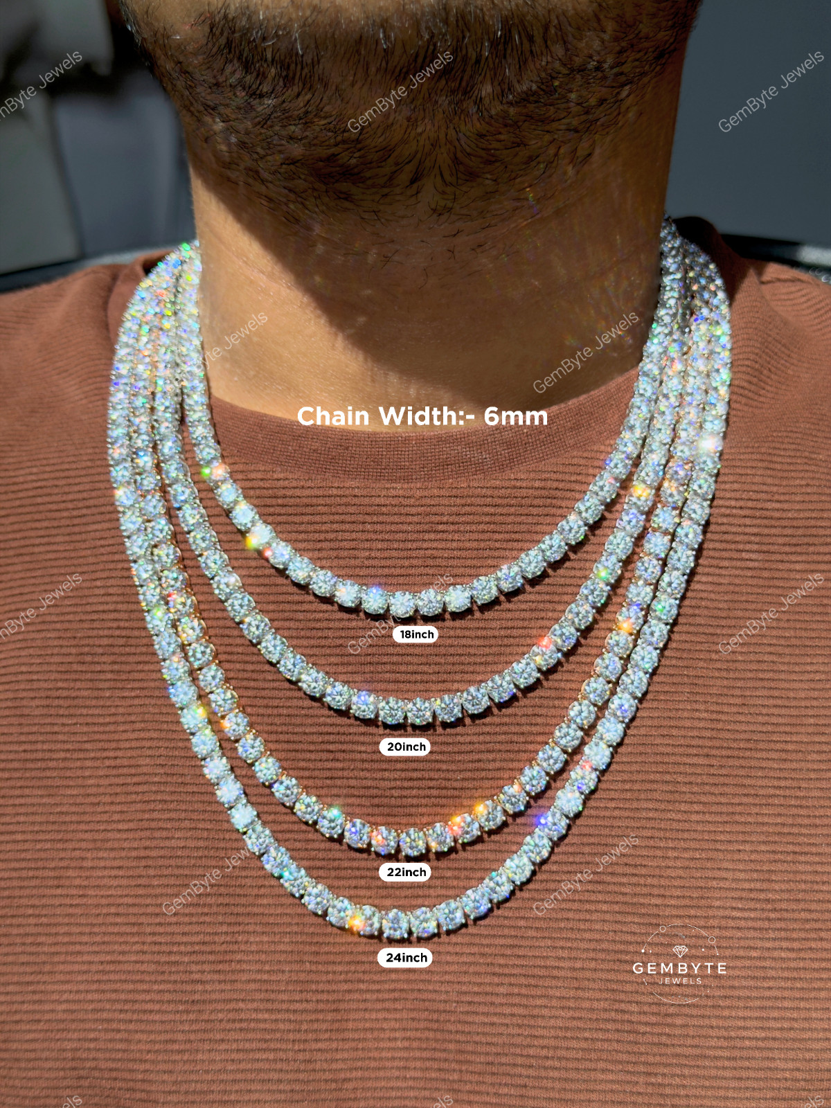 Real Moissanite Tennis Chain 925 Sterling Silver VVS D Color 2mm-6mm Mens Women