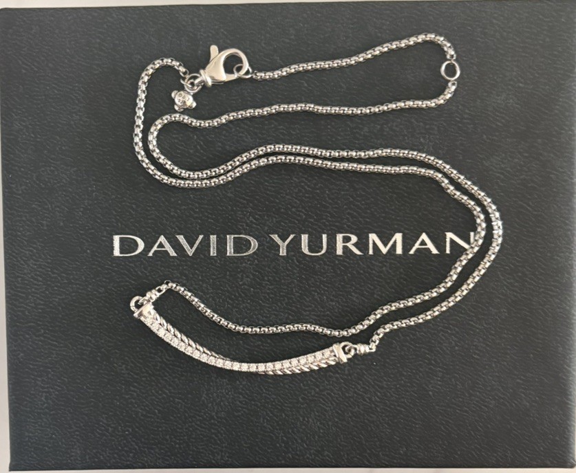 David Yurman Sterling Silver Crossover Bar Pendant Necklace with Diamonds 18″