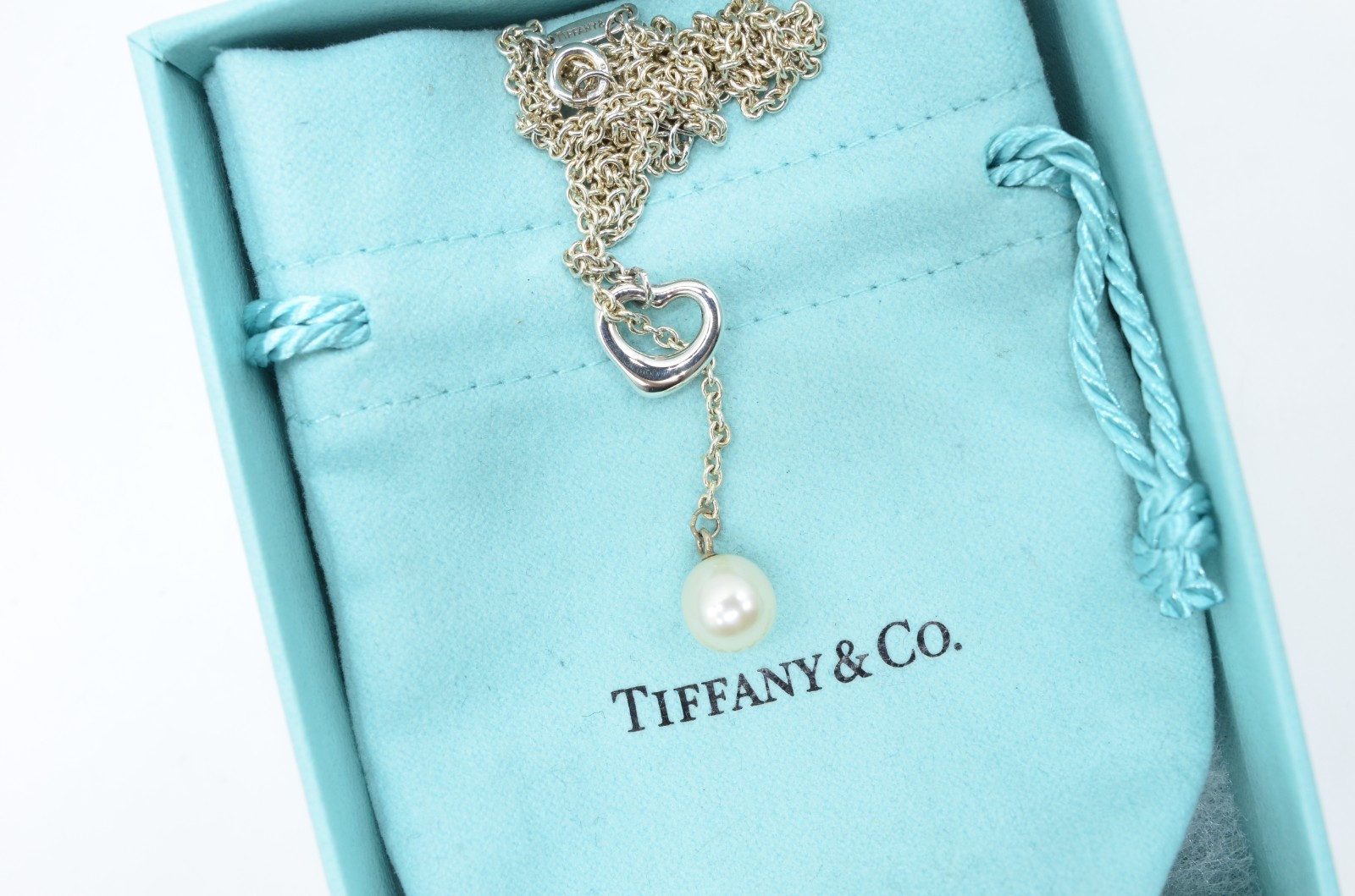 Tiffany & Co. Open Heart Pearl Lariat Necklace Eisa Peretti Sterling Silver925