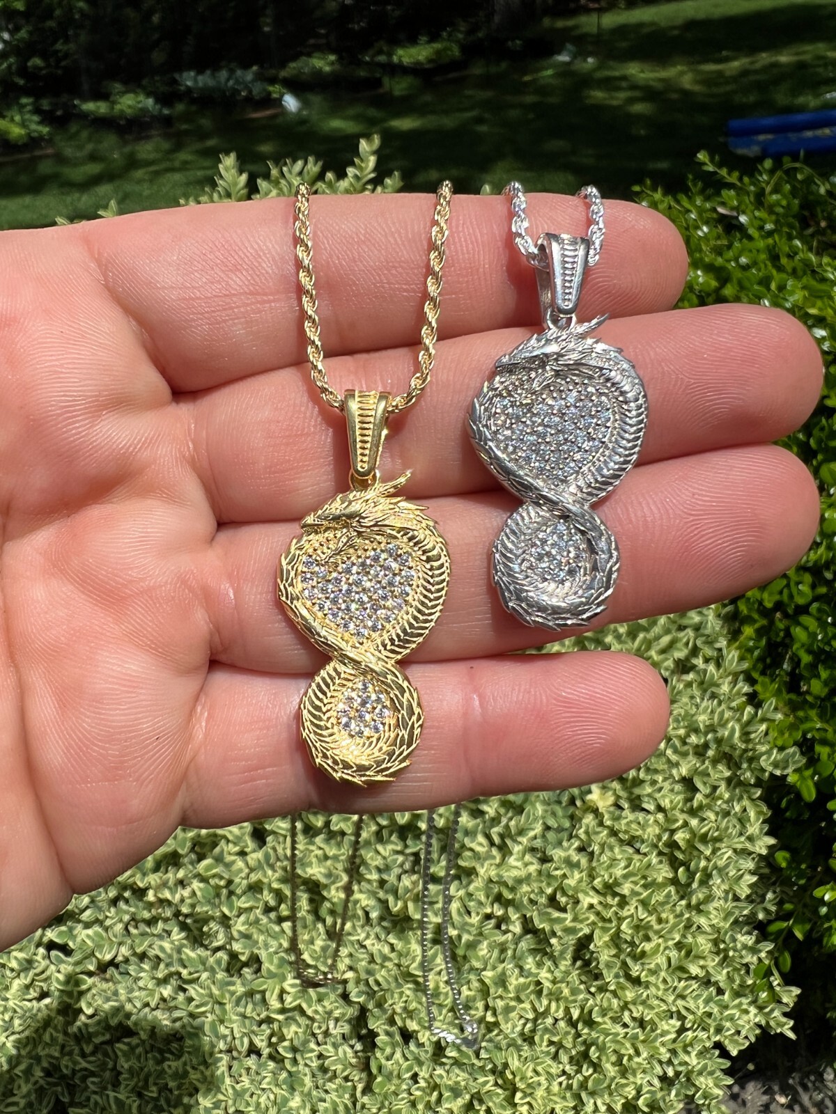 Real 925 Silver / 14k Gold Plated Dragon Infinite Flame Pendant Necklace Iced CZ