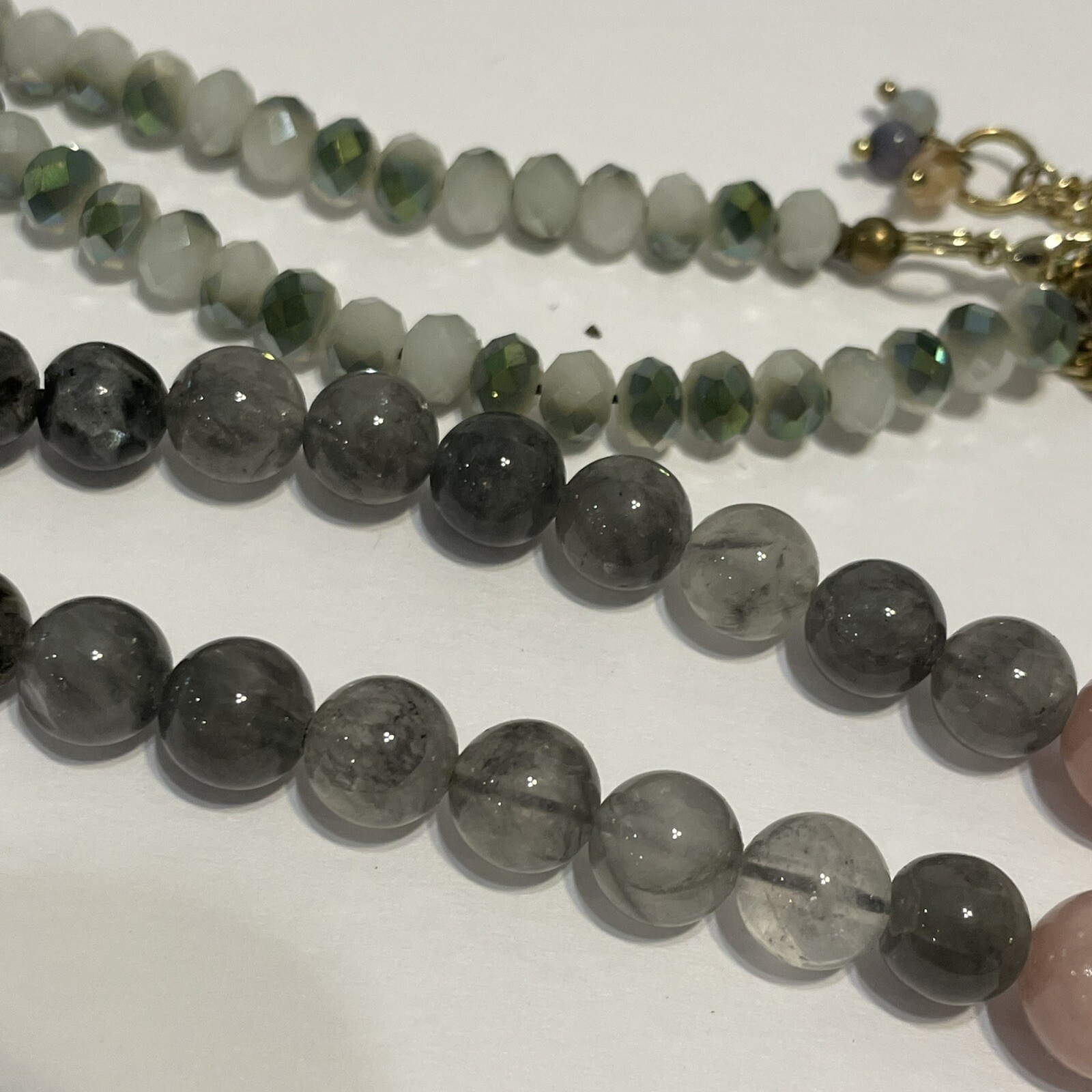 31-36” long tassel Beaded Necklace natural stones smoky rose quartz Tigers eye
