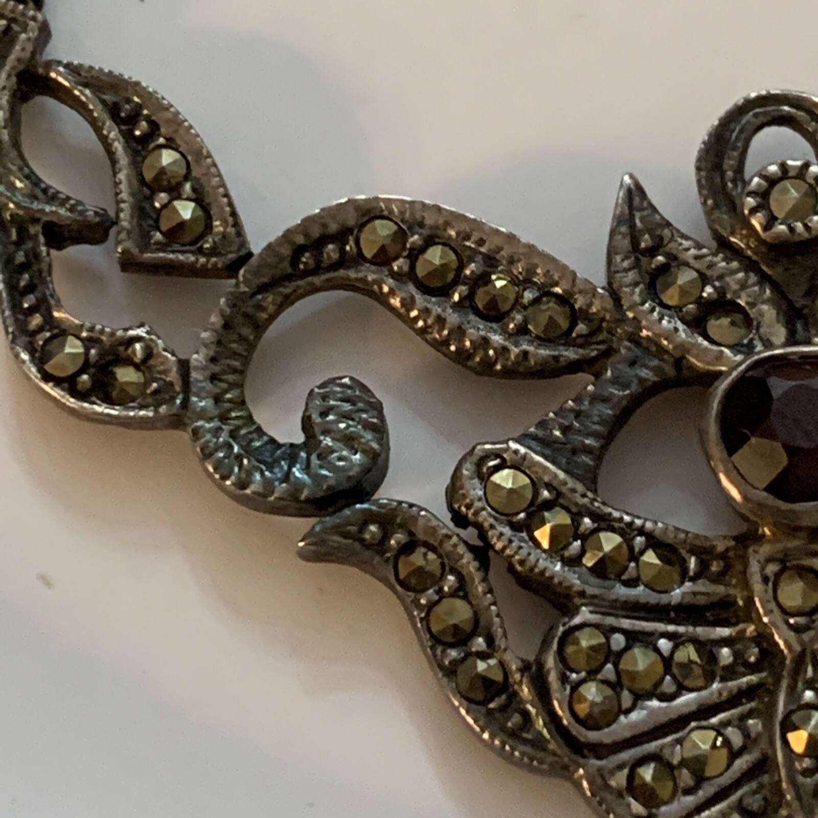 ART DECO 925 STERLING SILVER GARNET MARCASITE FOLIATE DROP LINK SCROLL NECKLACE