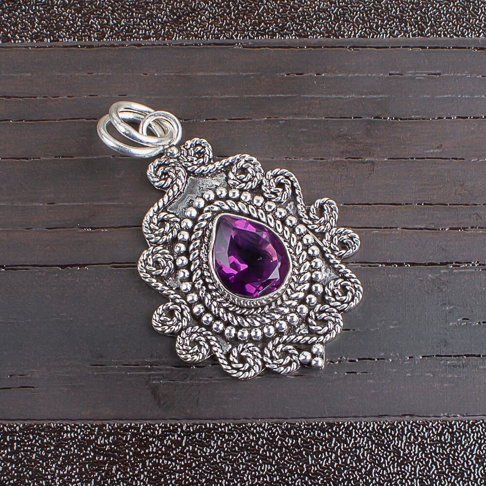 Bello Unisex Pendant African Amethyst Natural Gemstone 925 Sterling Silver 1.55″