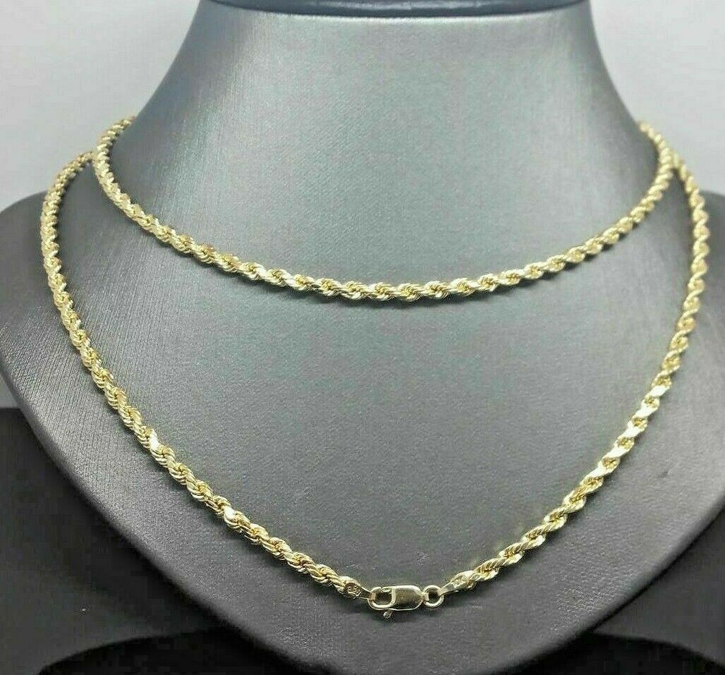 Real 10k Gold Rope chain 3mm 4mm Necklace 10KT yellow Gold 16-30″ Diamond Cut
