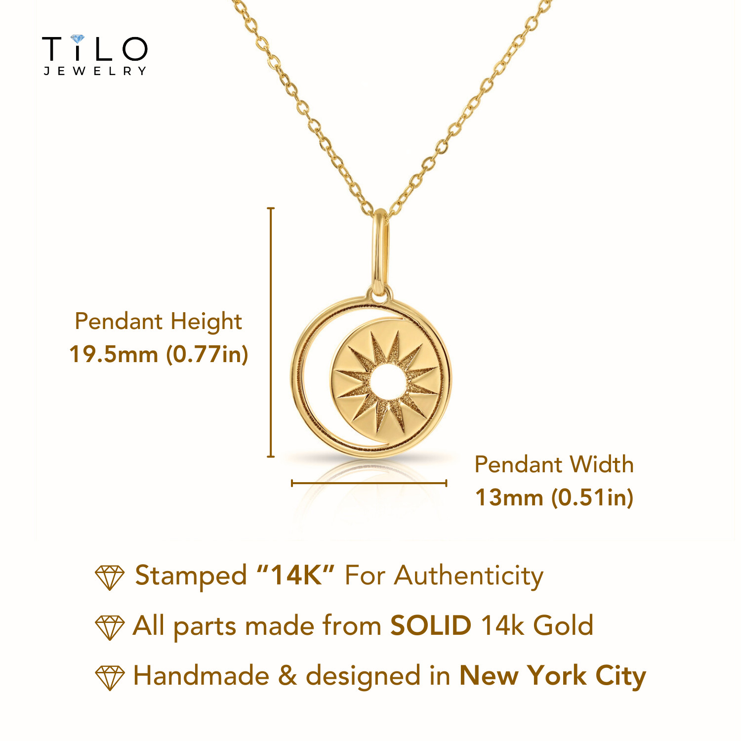 14K Real Solid Yellow Gold Star & Crescent Medallion Pendant Charm Necklace 18in