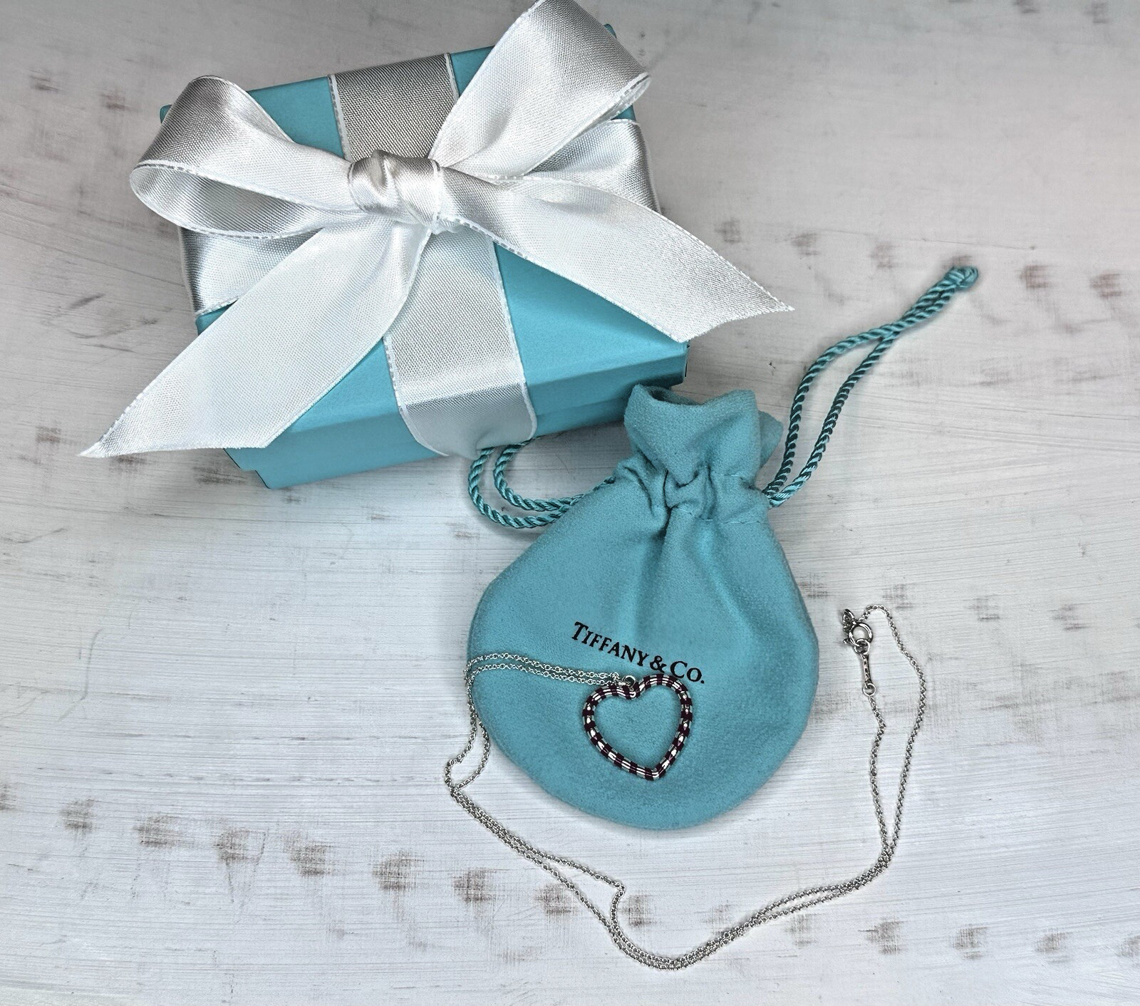 Tiffany & Co Paloma Picasso Enamel Stripe/925 Sterling Silver Heart 18 “Necklace