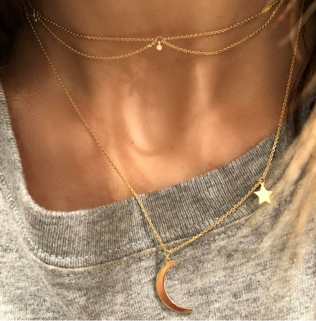 Diamond Charm Choker Necklace Real 14K Solid Gold Adjustable Cable Chain Women