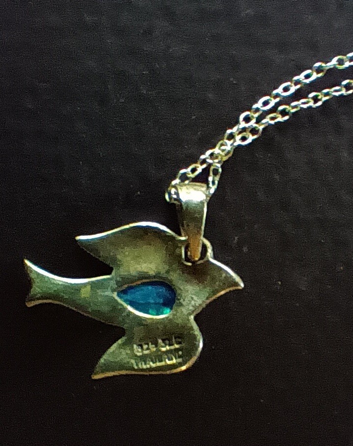 Sterling Dove Pendant W/Synthetic Opal & Marcasite On 18” Sterling Necklace