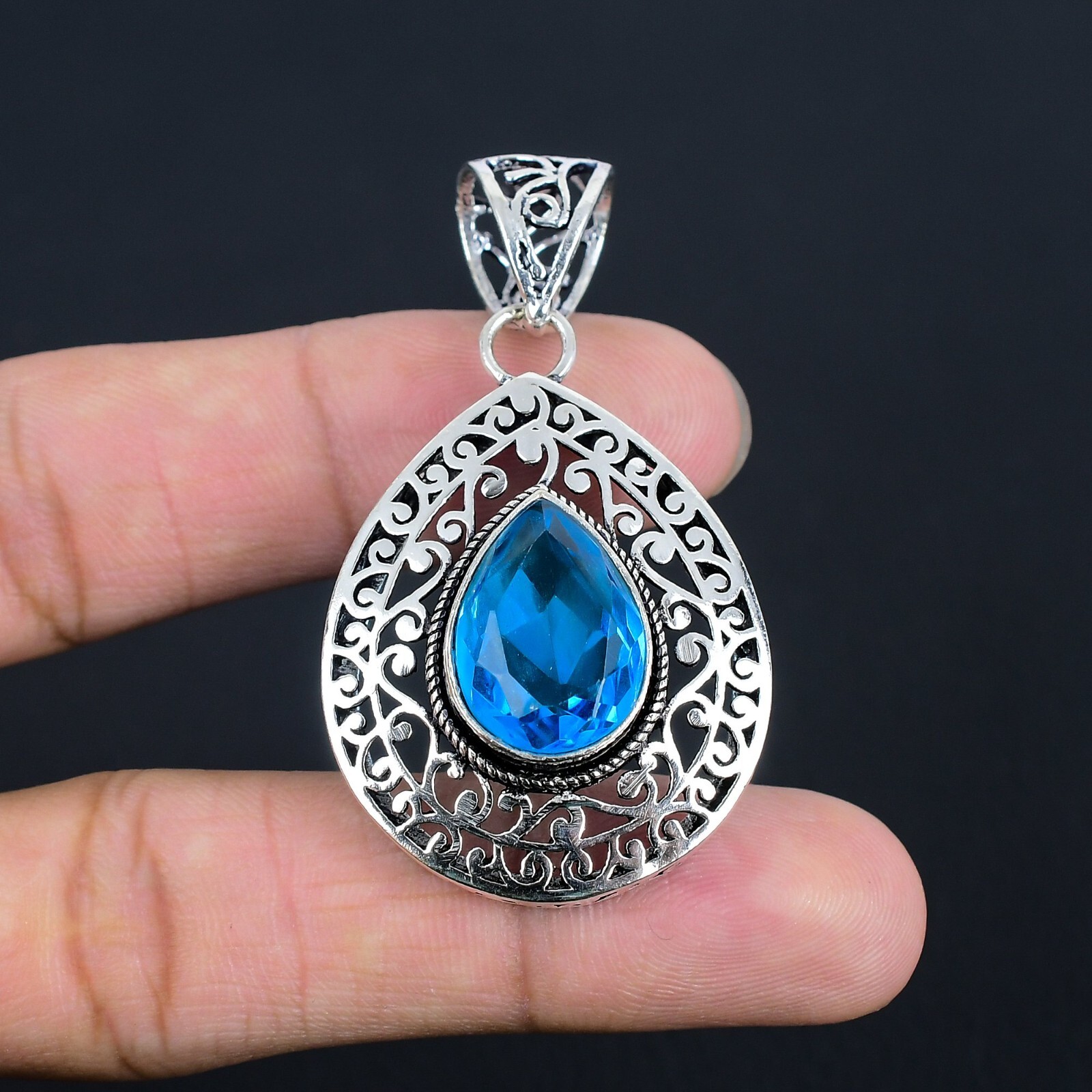 Blue Topaz Gemstone Handmade 925 Sterling Silver Jewelry Pendant PN-200