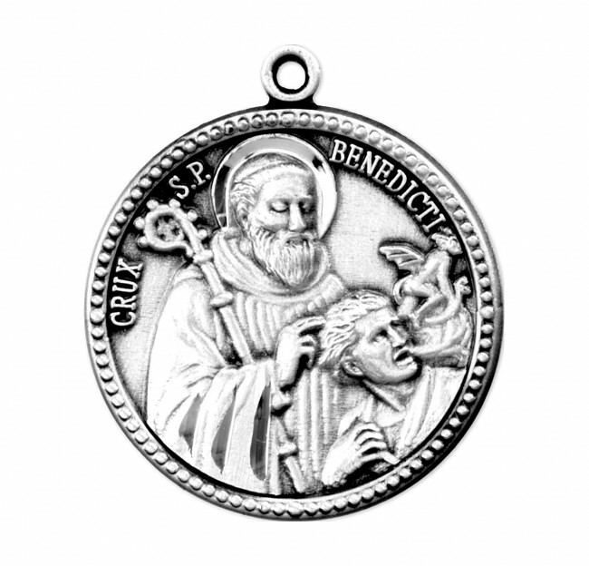 Saint Benedict Round Sterling Silver Medal, 0.9″, Velvet Boxed, US made, 20″