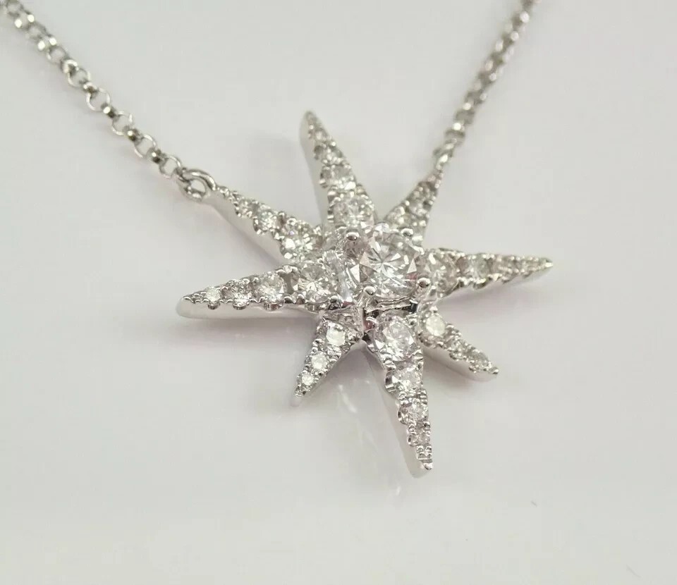 Cluster Star Shape Pendant 18” Chain 14k White Gold Round Cut Natural Diamond