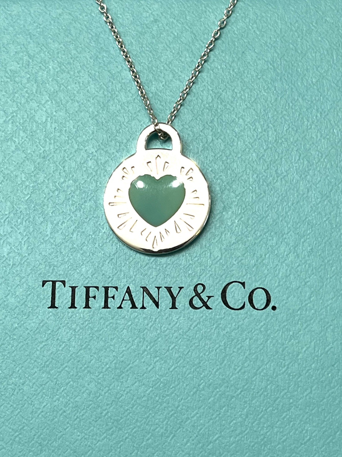 Tiffany & Co.RTT Blue Enamel Sunburst Heart Rd Adjustable 16-18”Pendant SS925