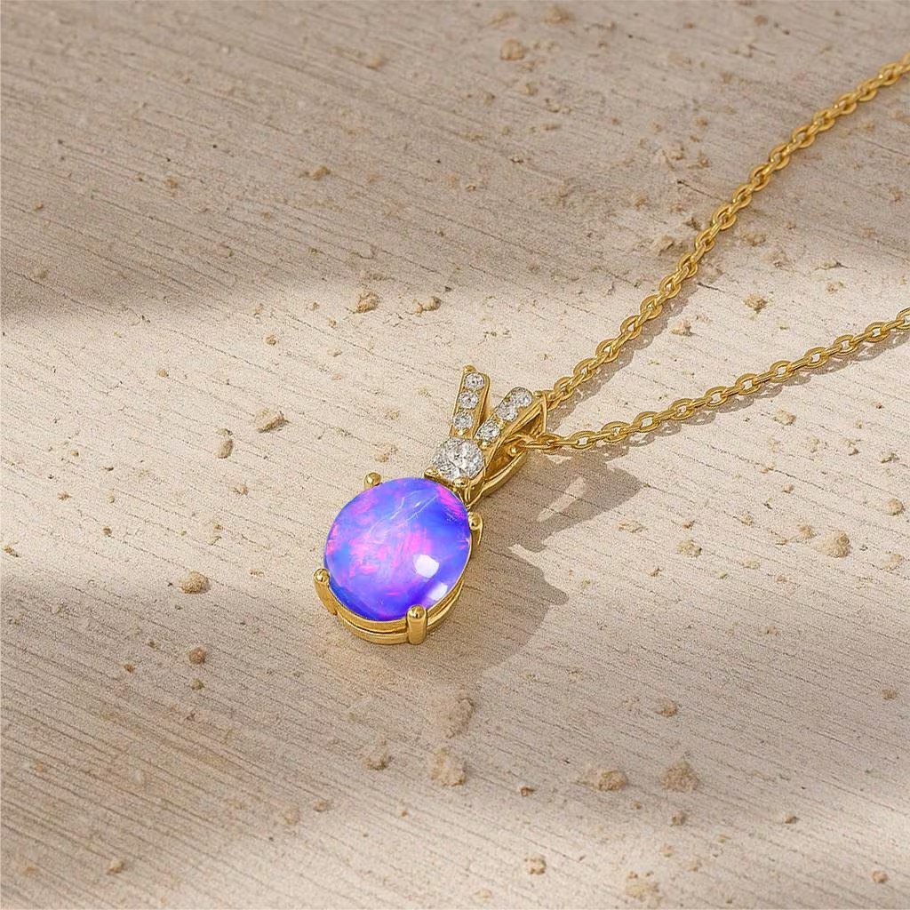 AAA Lavender Opal Gemstone Oval Charm Pendant Necklace, Multifire Opal Gemstone