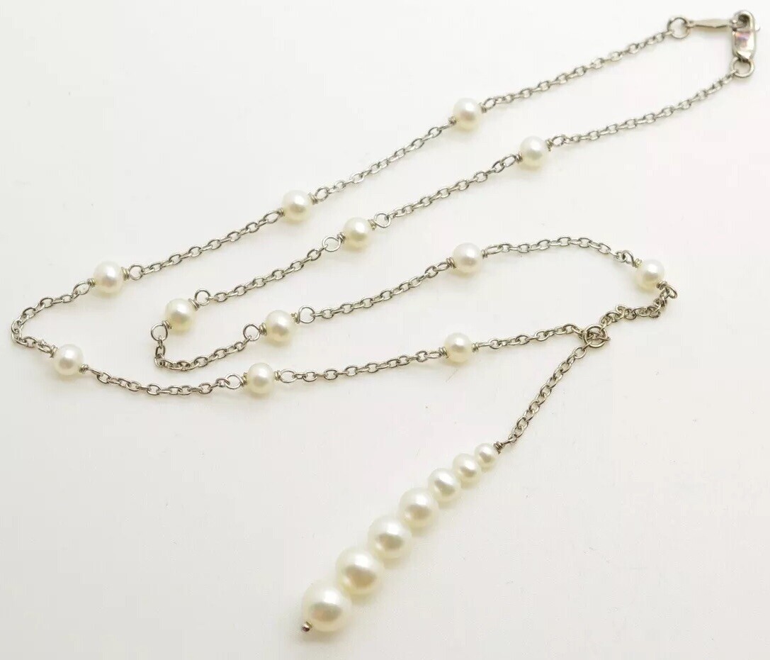 Pearl Sterling Silver Strand Necklace Chain w/ Graduated Pearl Pendant Dangle