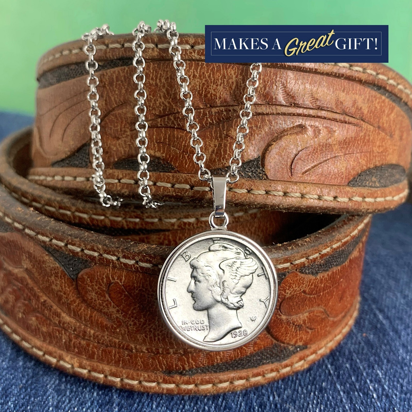 Silver Mercury Dime Silvertone Pendant with 18″ Chain