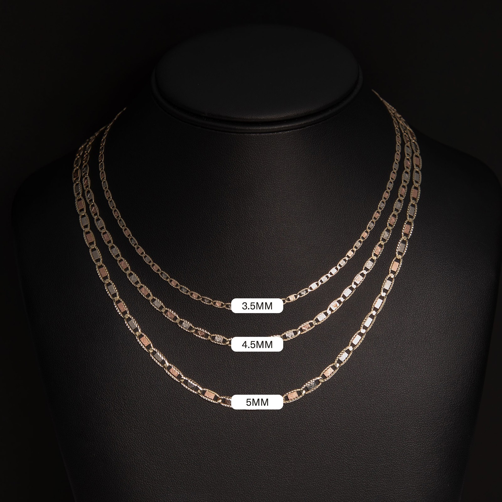 10K GOLD Heart Textured Valentino Link Chain Necklace Tri-Color Gold All Sizes