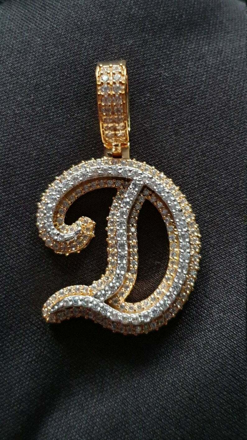 1.35CT Round Cut VVS1Diamond Initial “D” Letter Pendant 14K Yellow Gold Finish