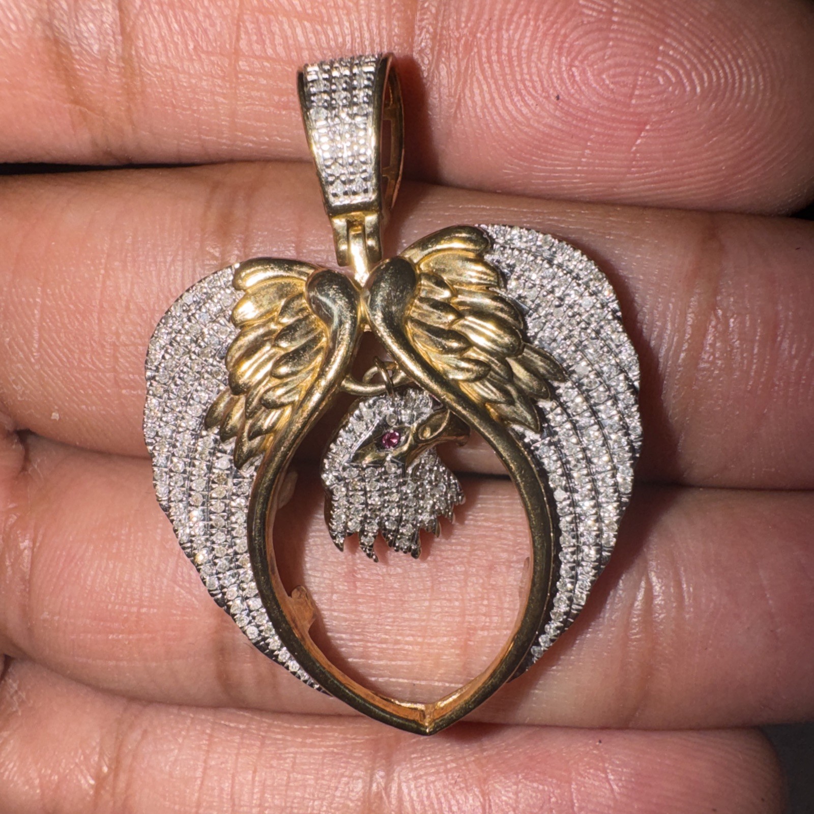 10k Yellow Gold Angel Wings With Eagle 0.41 Ct Diamond Charm Pendant