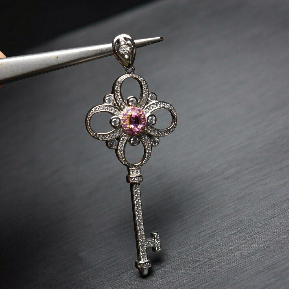 1Ct Round Cut Pink Sapphire Key Shape Pendant 14K White Gold Finish Free Chain