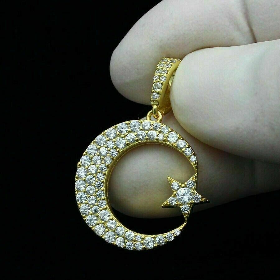 1.40Ct Round Cut Diamond Crescent Moon & Star Pendant 14K Yellow Gold Finish