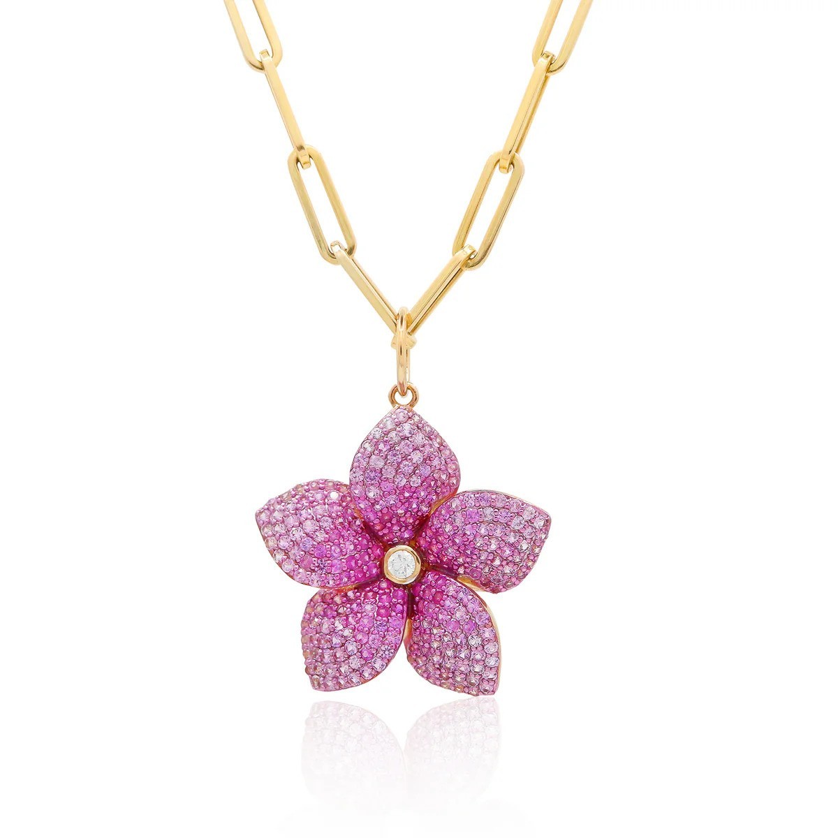Natural Pink Sapphire Paved Diamond Flower Charm Pendant 14k Solid Gold Fine