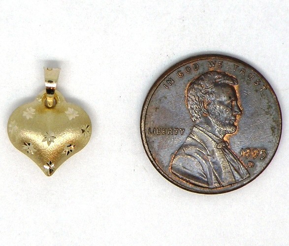14K Yellow Gold Satin Puffed Heart Charm with Diamond Cut Stars Pendant 3D