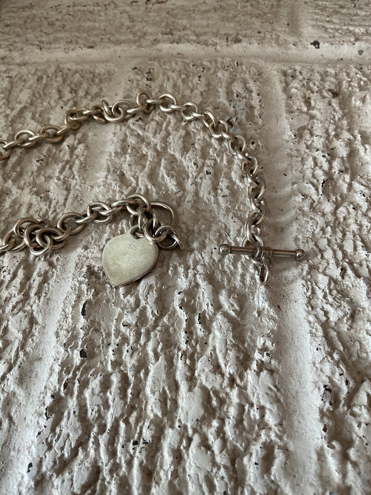 Vtg Heavy Chunky 925 Sterling Silver Heart Charm Toggle Rolo Chain Necklace 18”