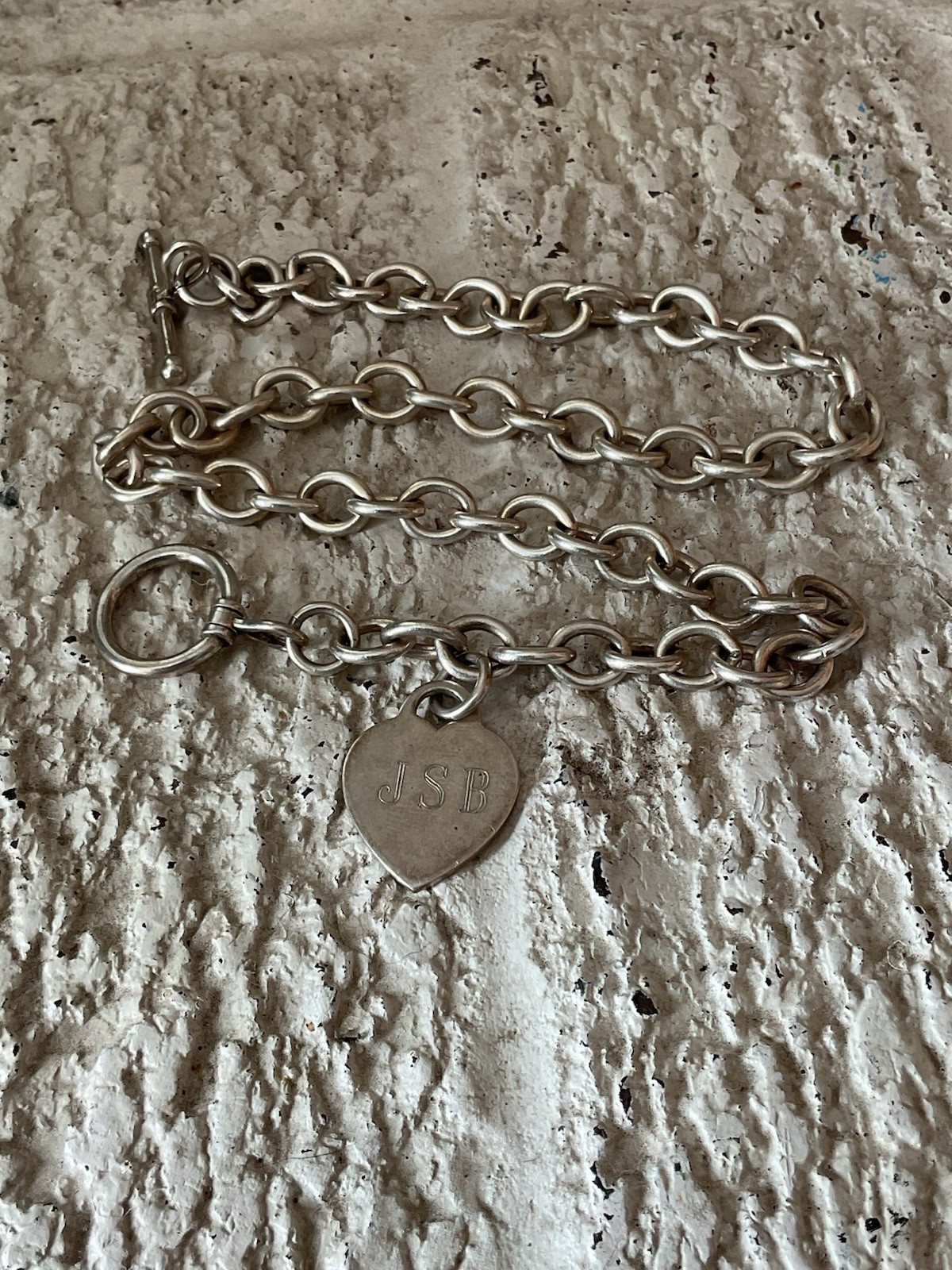 Vtg Heavy Chunky 925 Sterling Silver Heart Charm Toggle Rolo Chain Necklace 18”